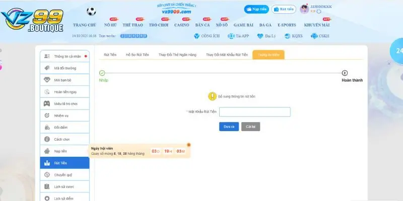 Rút tiền VZ99 siêu đơn giản